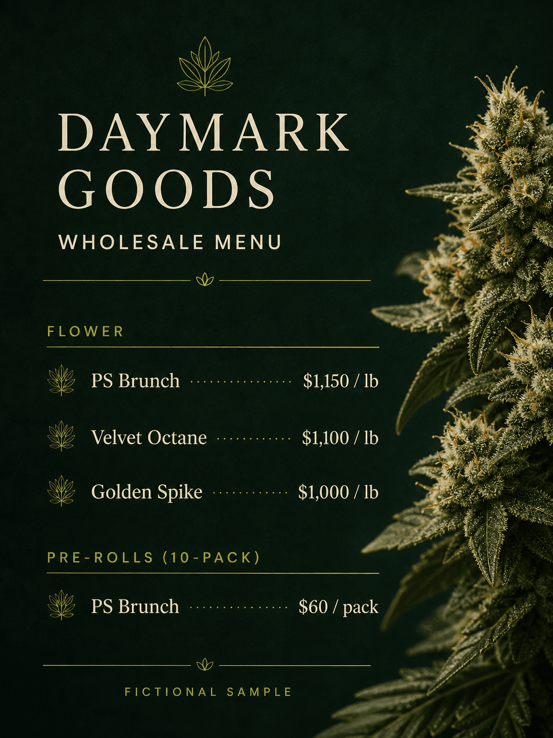 Daymark Goods fictional wholesale menu