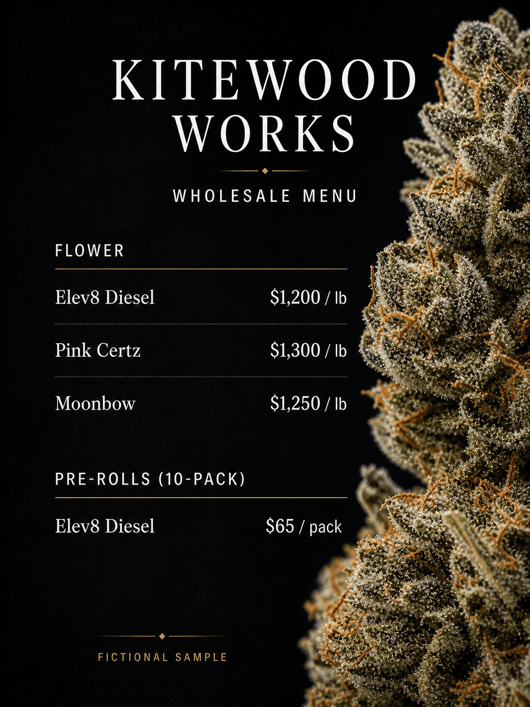 Kitewood Works fictional wholesale menu
