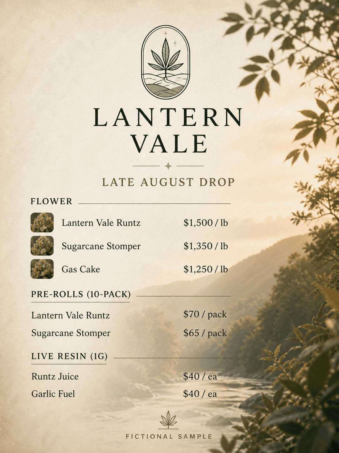 Lantern Vale fictional wholesale menu