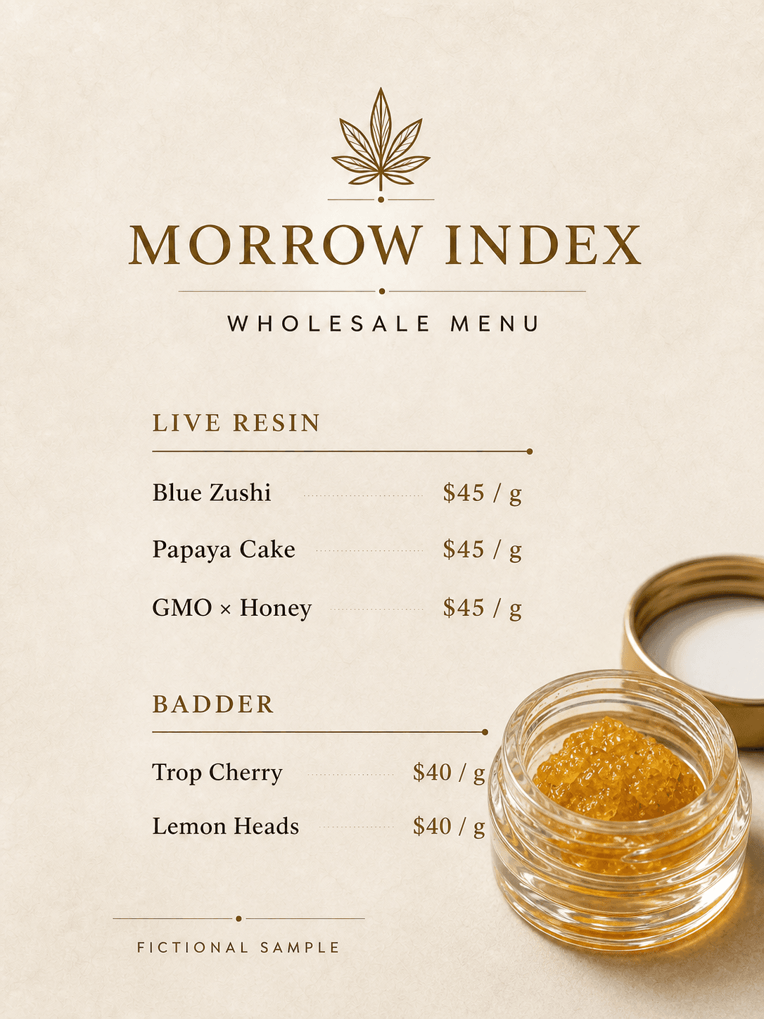 Morrow Index fictional wholesale menu