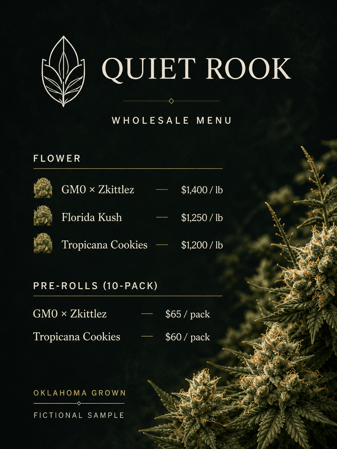 Quiet Rook fictional wholesale menu